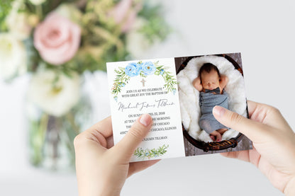 Floral Boy Baptism Christening Photo Invitation