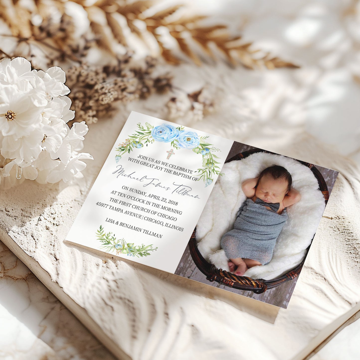 Baptism Boy Floral Photo Baby Shower Invitation