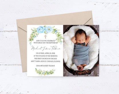 Baptism Boy Floral Photo Baby Shower Invitation