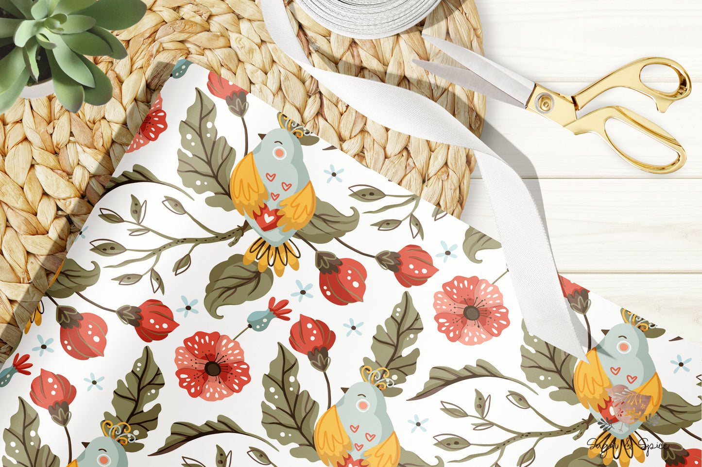 Botanical Floral Bird Wrapping Paper (5 Sheets)