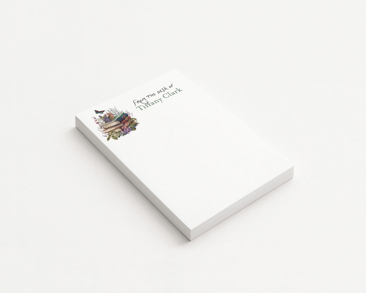 Flowers and Books with Butterfly Personalized Blank Notepad