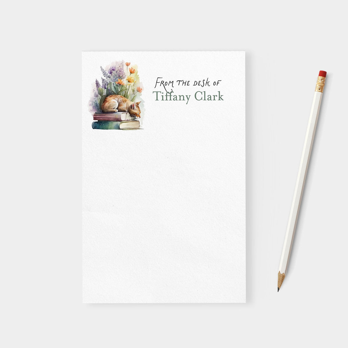 Flowers and Books with Cat Personalized Blank Notepad