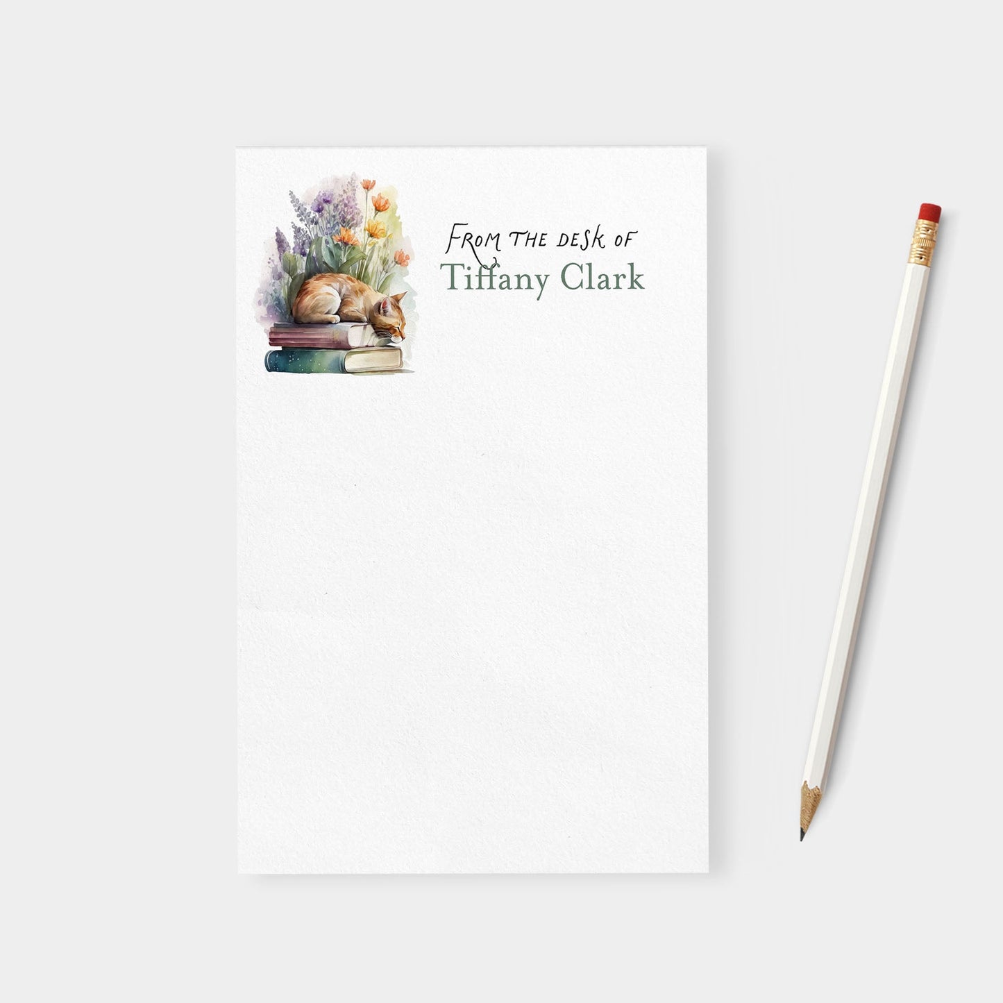 Flowers and Books with Cat Personalized Blank Notepad