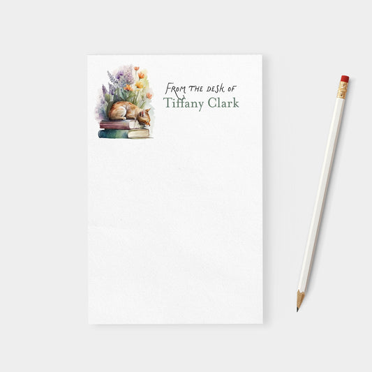 Flowers and Books with Cat Personalized Blank Notepad