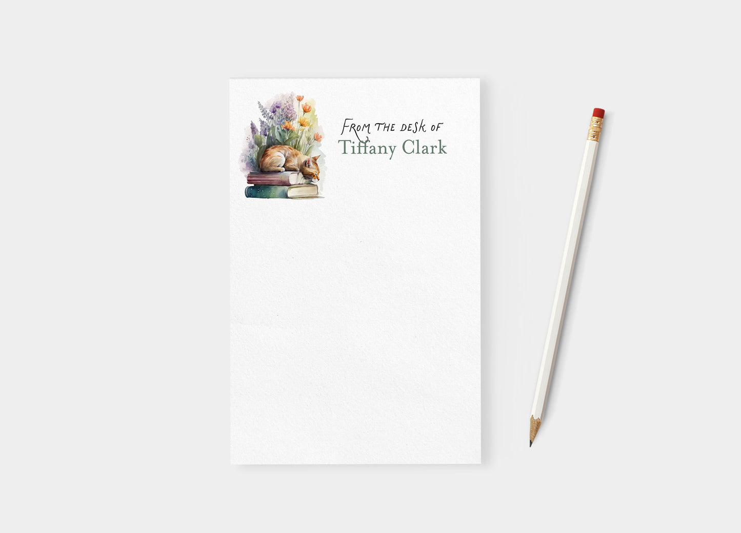 Flowers and Books with Cat Personalized Blank Notepad