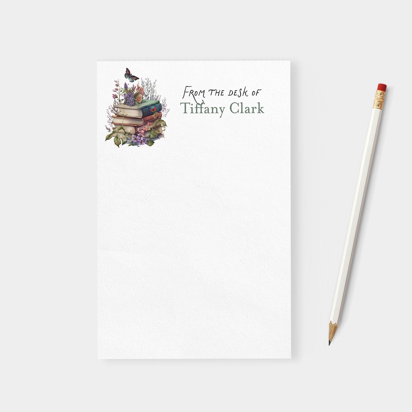 Flowers and Books with Butterfly Personalized Blank Notepad