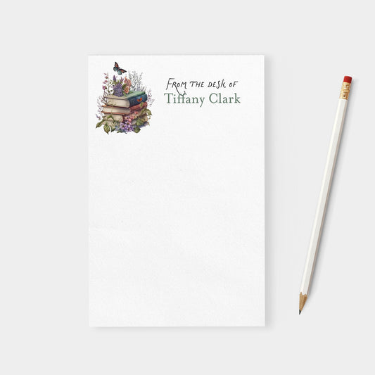 Flowers and Books with Butterfly Personalized Blank Notepad