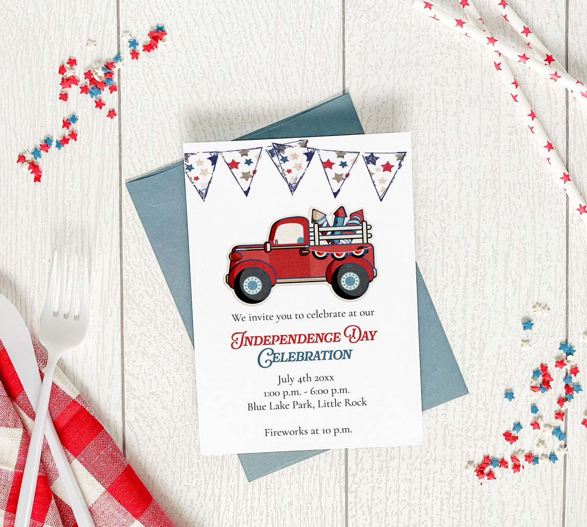 Red Truck Fireworks Fourth of July Invitation