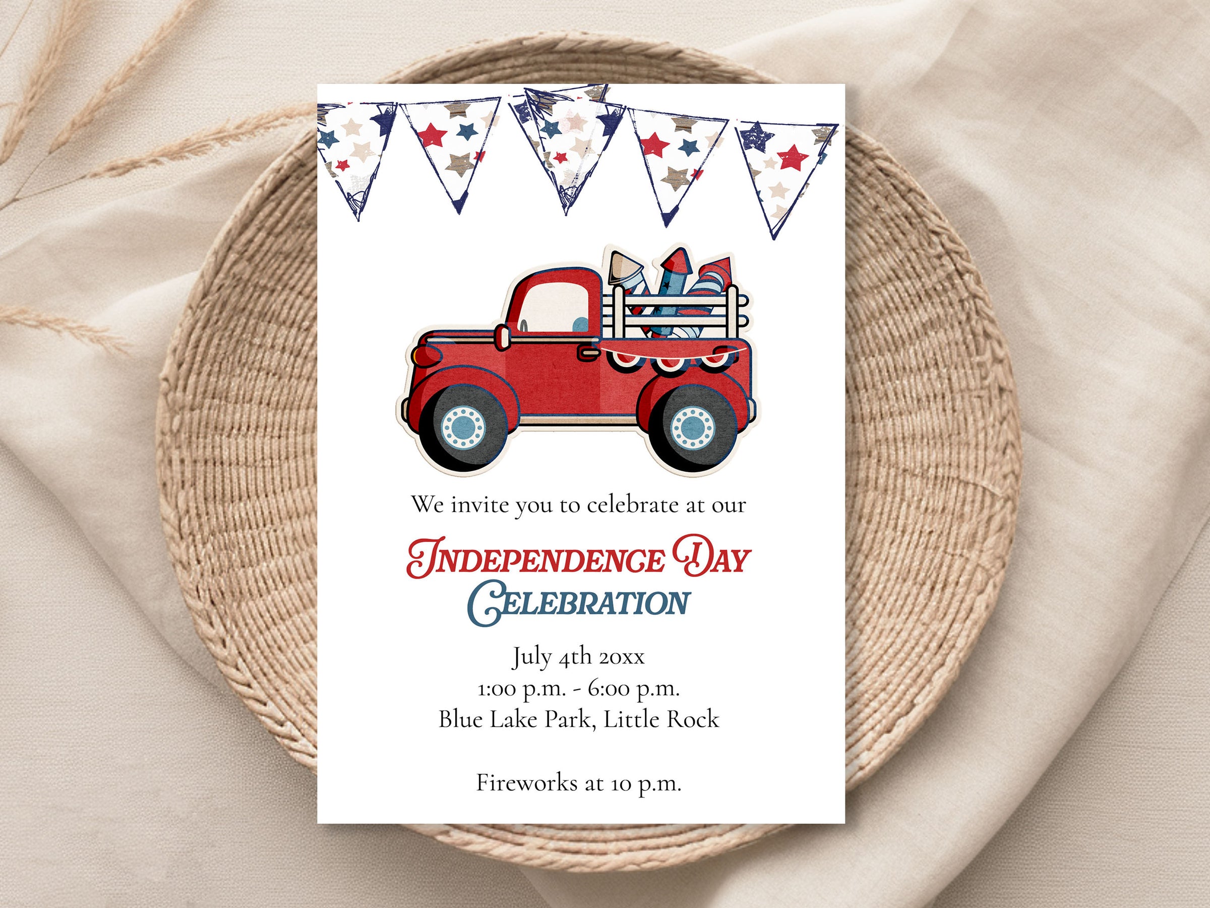 Red Truck Fireworks Fourth of July Invitation