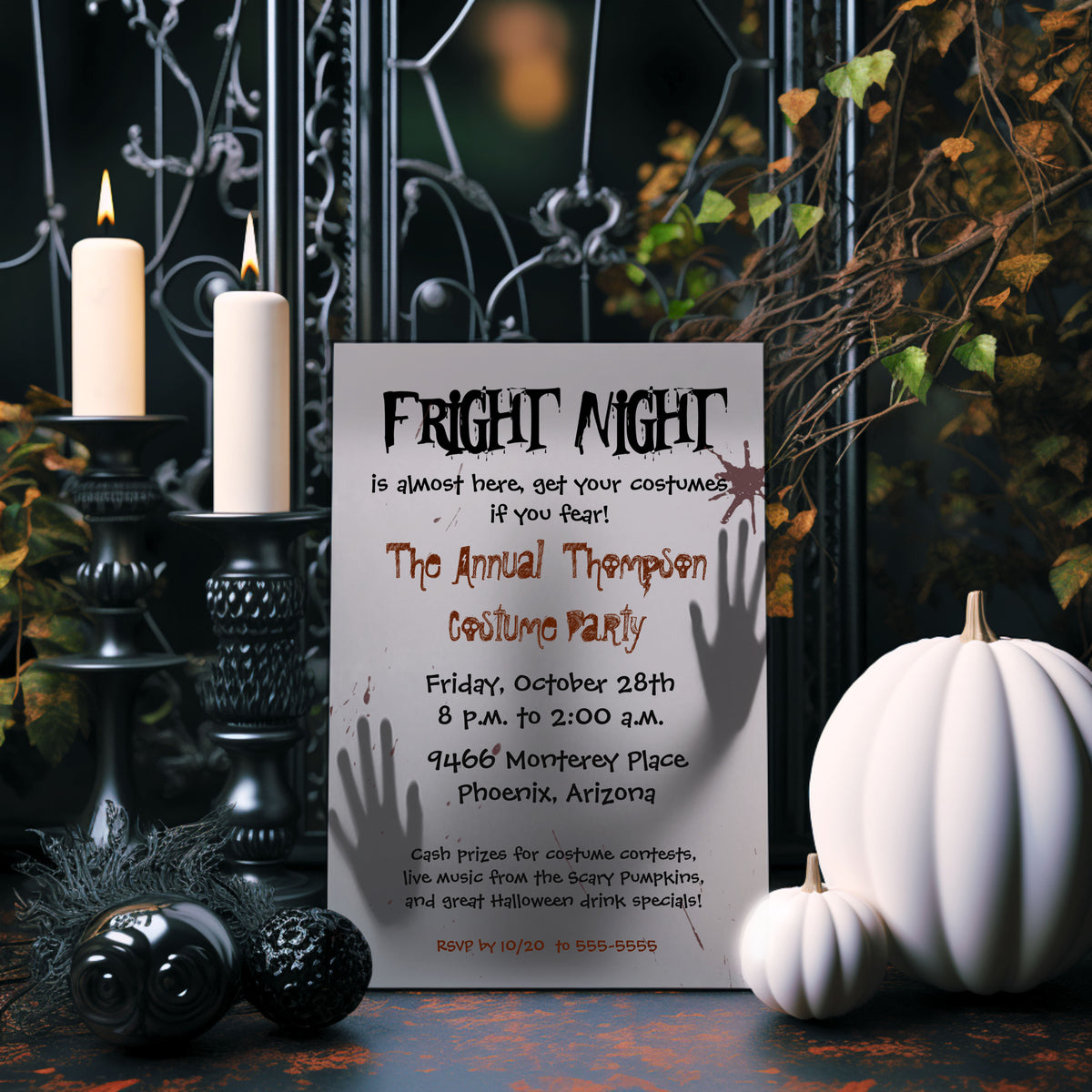 A Halloween-themed party invitation card styled on a rustic table with lit candles, pumpkins, and spooky decorations. The card reads 'Fright Night' and includes event details for 'The Annual Thompson Costume Party' in Phoenix, Arizona.
