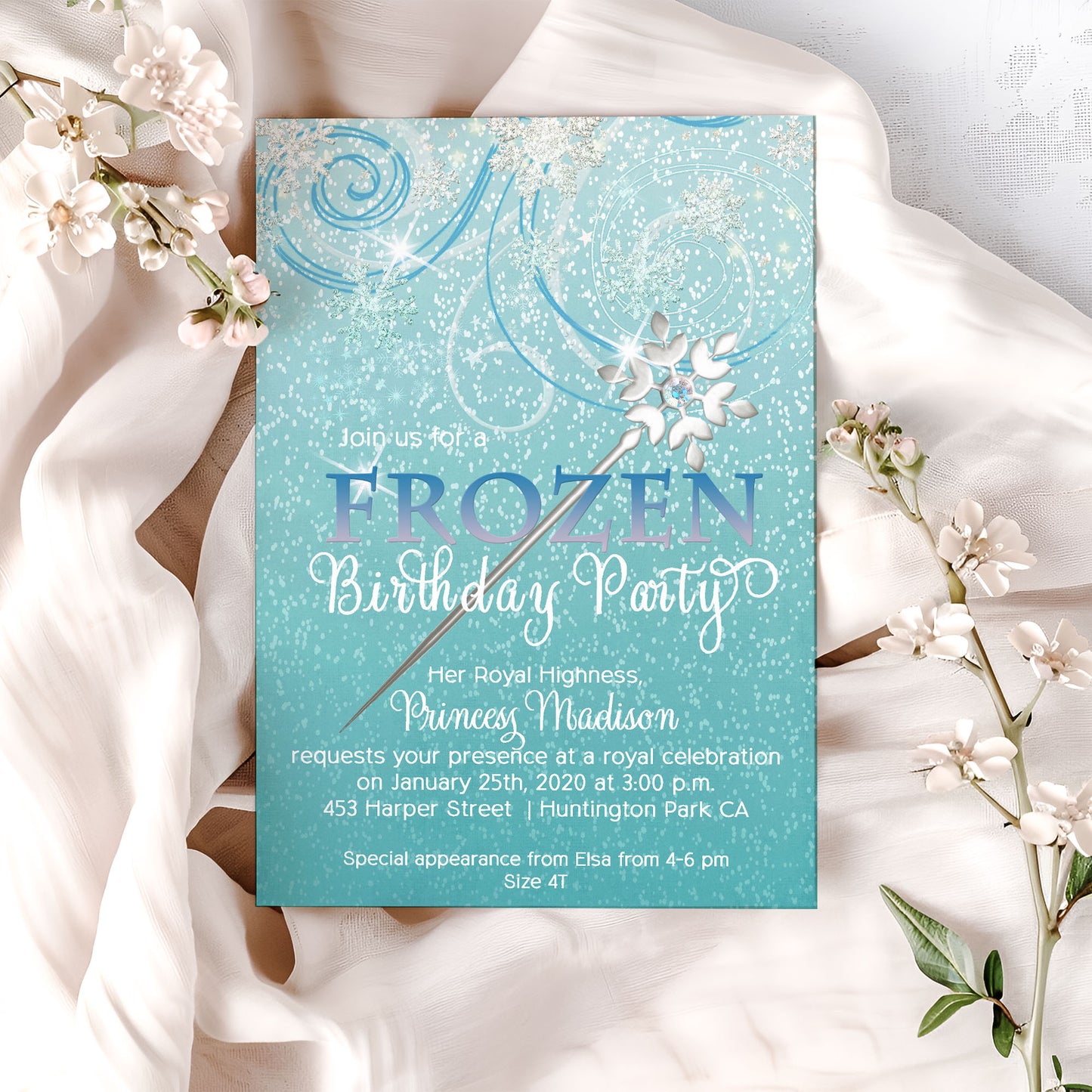 Frozen Princess Blue Ice Queen with Wand Birthday Invitation