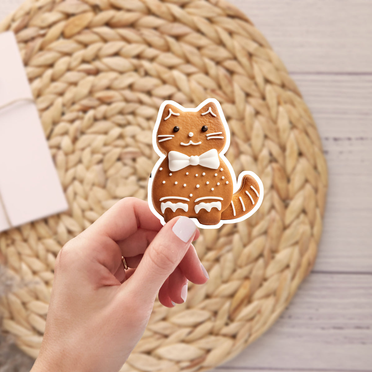 A hand holds a die-cut sticker of a cute gingerbread cat with white icing details and a white bow tie, set against a woven straw placemat on a light wood surface.