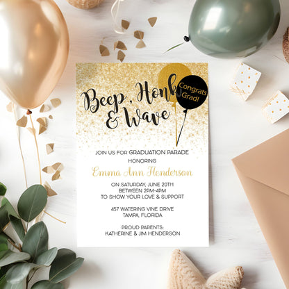 Honk, Beep and Wave Black and Gold Graduation Invitation