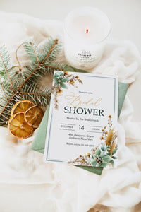 Green and Gold Holiday Bridal Shower Invitation Template Editable Invitation Corjl Digital Download