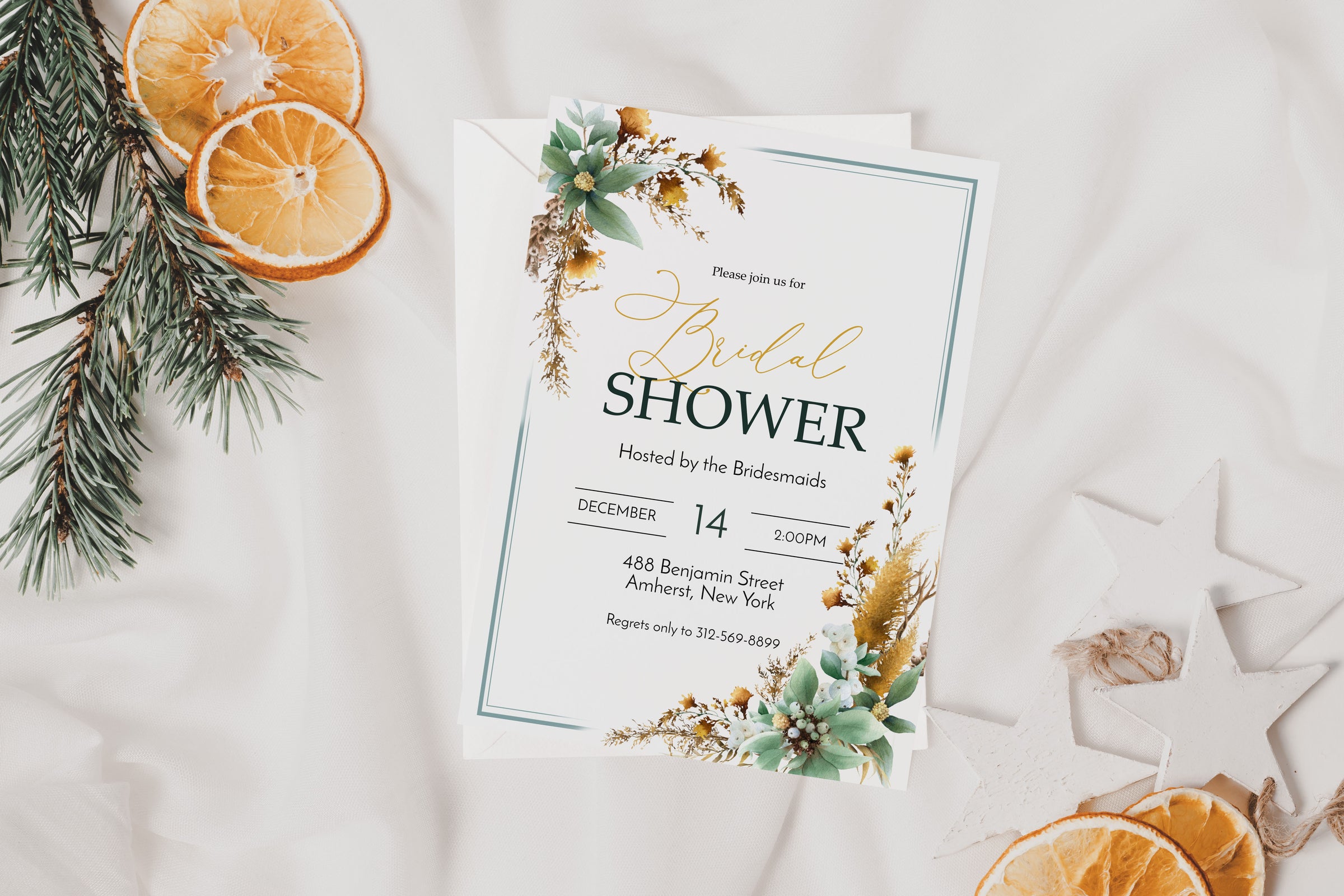 Green and Gold Holiday Bridal Shower Invitation Template Editable Invitation Corjl Digital Download