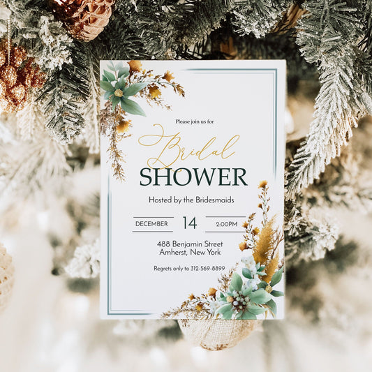 Green and Gold Holiday Bridal Shower Invitation Template Editable Invitation Corjl Digital Download