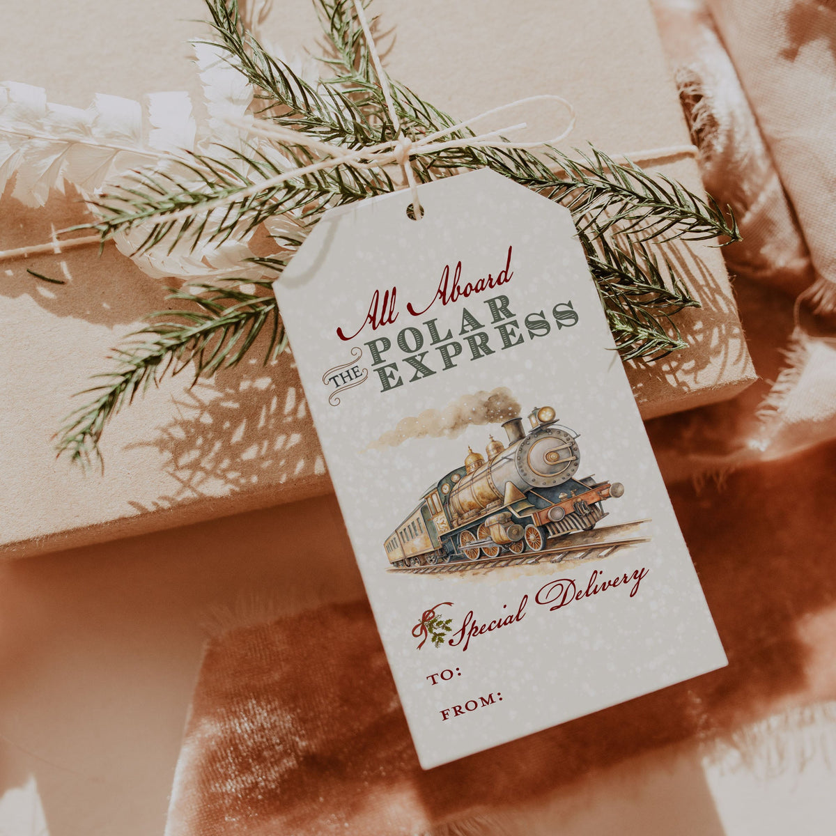 A styled gift tag reading 'All Aboard The Polar Express' with a vintage train illustration, tied to a wrapped package with evergreen branches and a soft blush fabric background.