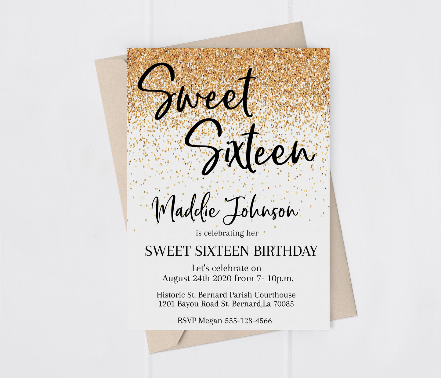 Gold Glitter Sweet Sixteen Birthday Invitation Printed