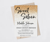 Gold Glitter Sweet Sixteen Birthday Invitation Printed