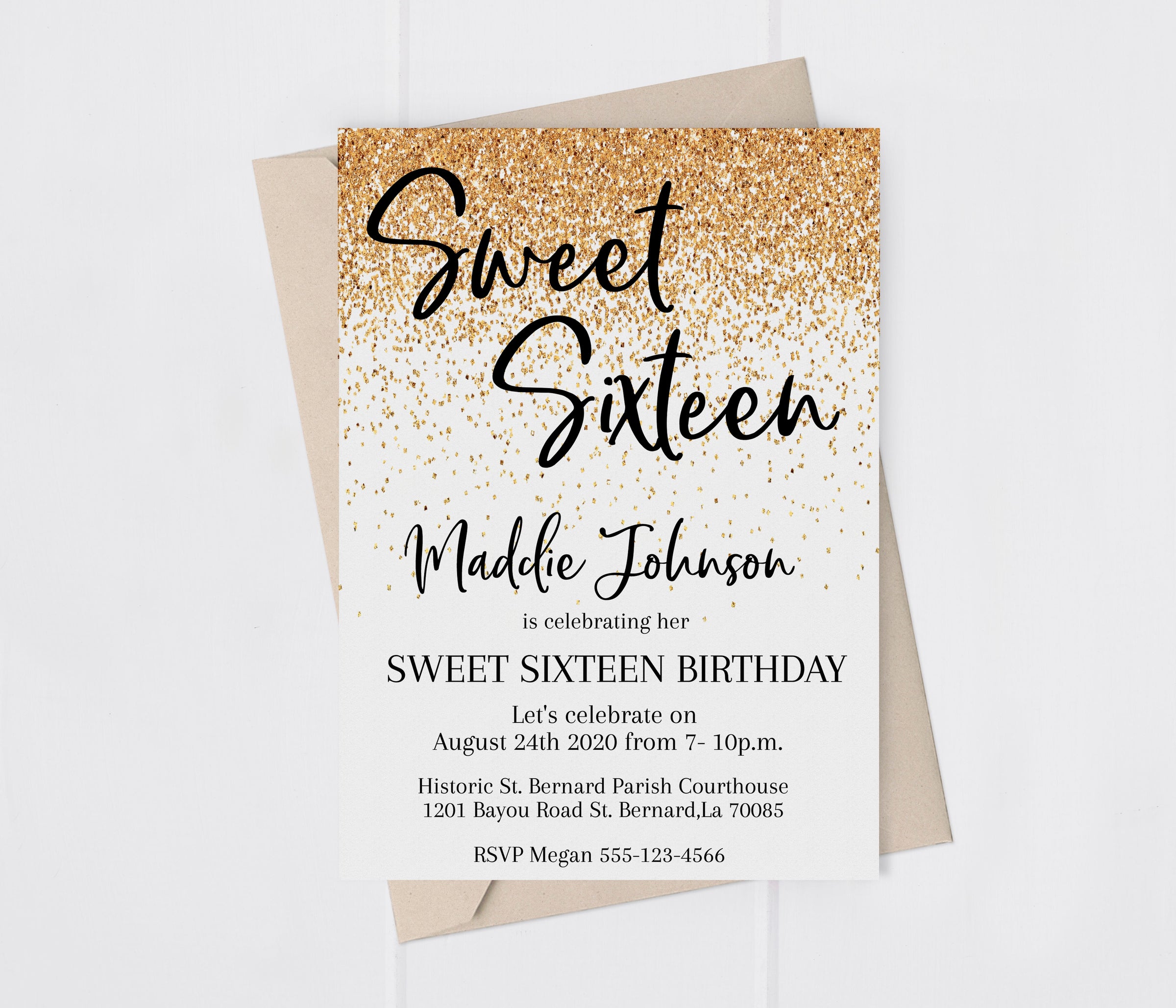 Gold Glitter Sweet Sixteen Birthday Invitation Printed