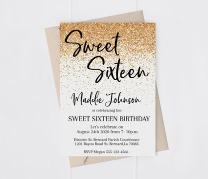 Gold Glitter Sweet Sixteen Birthday Invitation Printed
