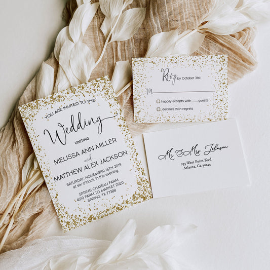 Gold Glitter with Elegant Font Wedding Invitation