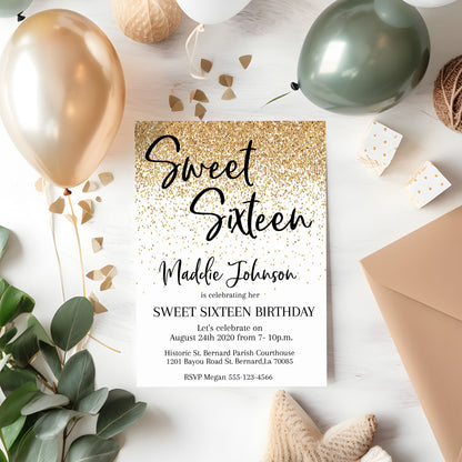 Gold Glitter Sweet Sixteen Birthday Invitation Printed