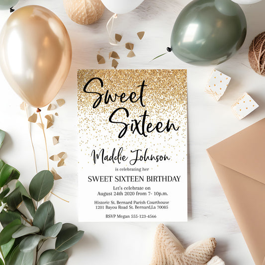 Gold Glitter Sweet Sixteen Birthday Invitation Printed