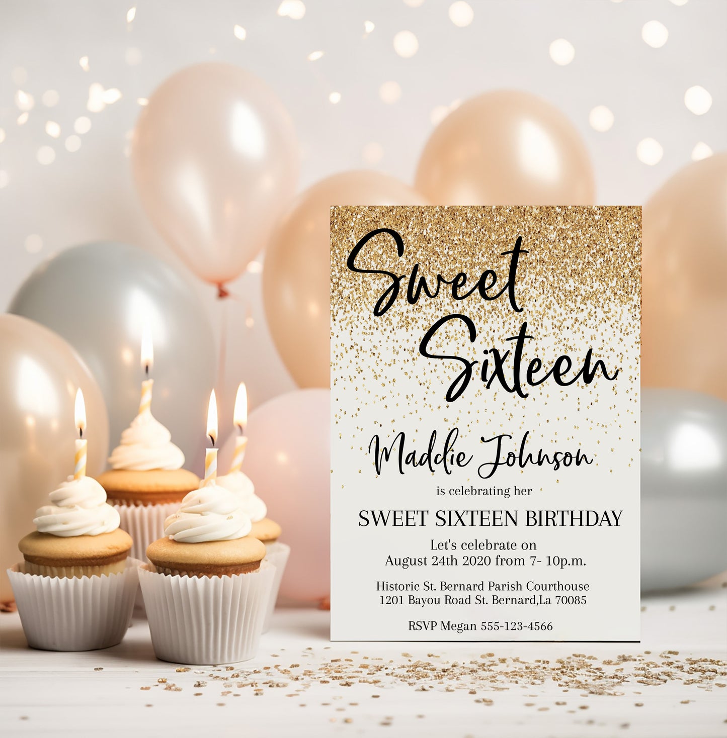 Gold Glitter Sweet Sixteen Birthday Invitation Printed