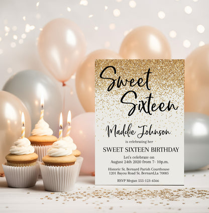 Gold Glitter Sweet Sixteen Birthday Invitation Printed