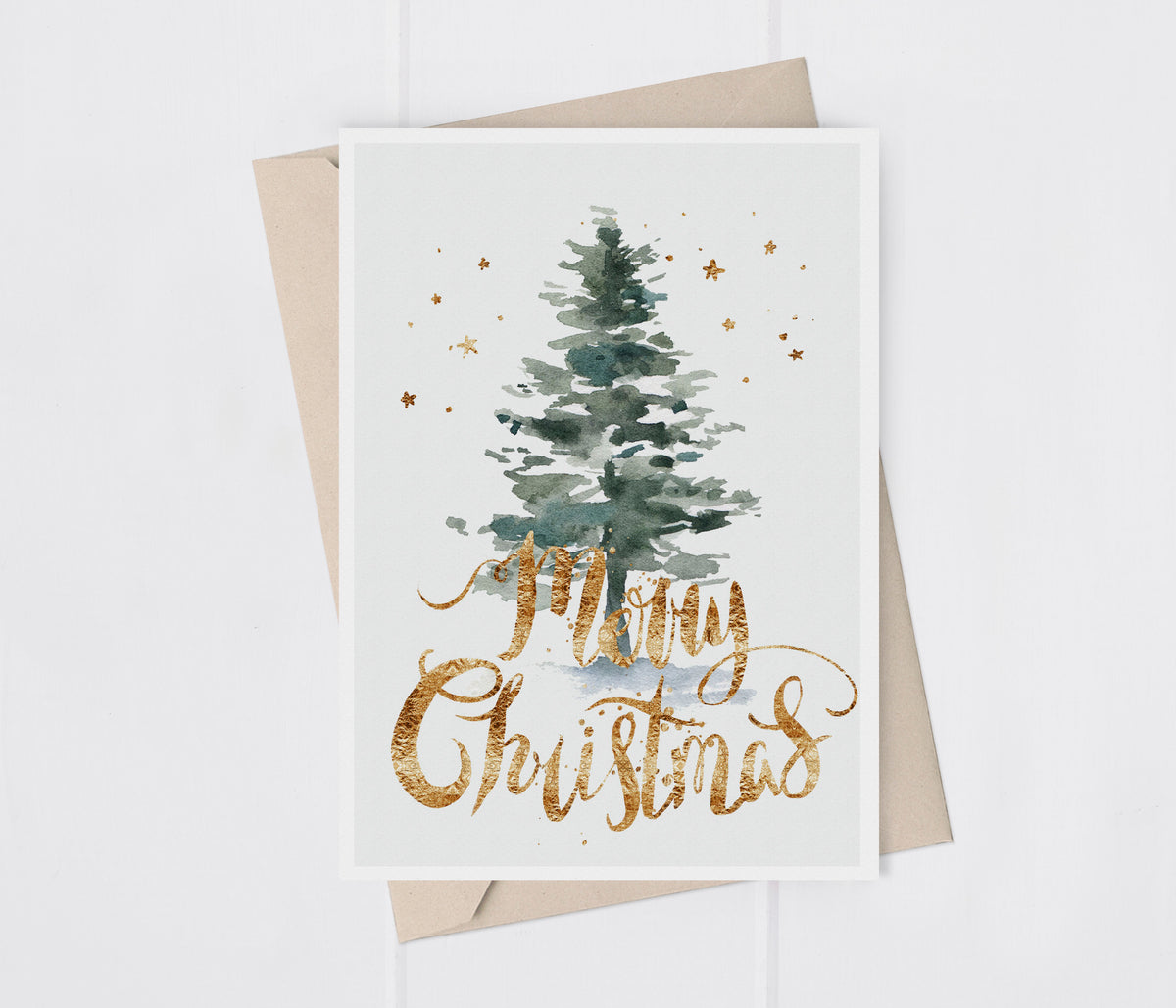 Merry Christmas Gold Watercolor Tree Greeting Card