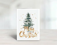 Merry Christmas Gold Watercolor Tree Greeting Card