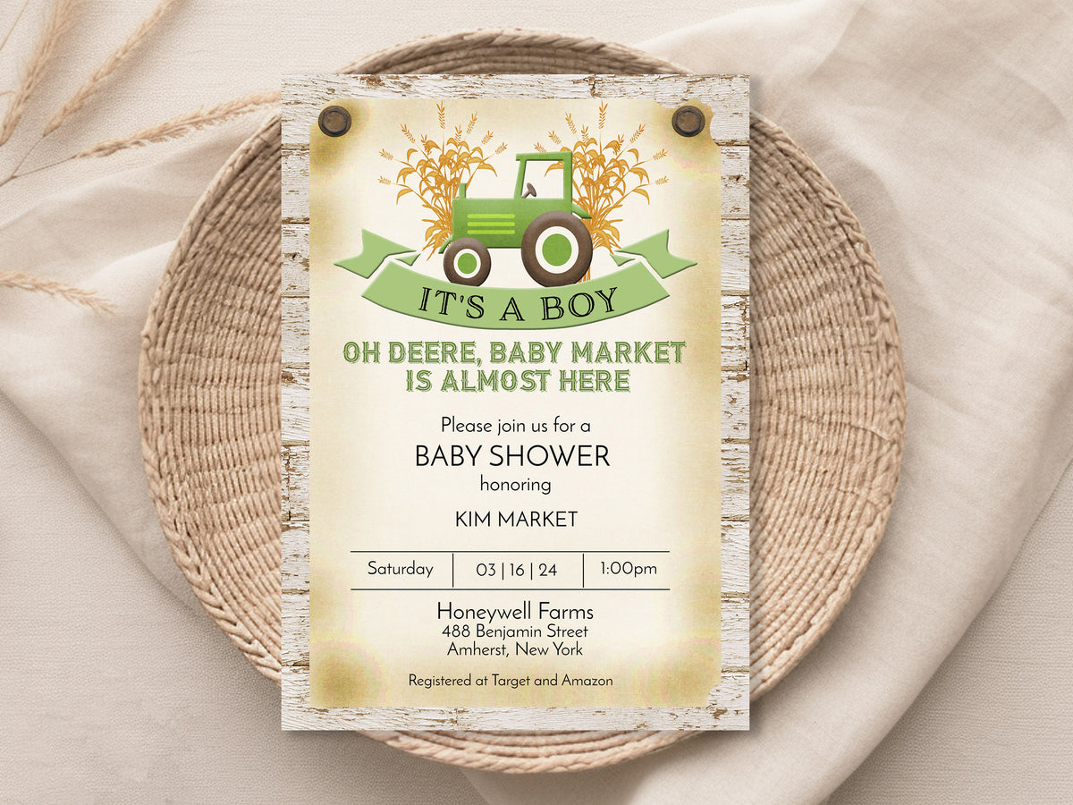 Green Tractor Farm Baby Shower Invitation Template Editable Invitation Corjl Digital Download