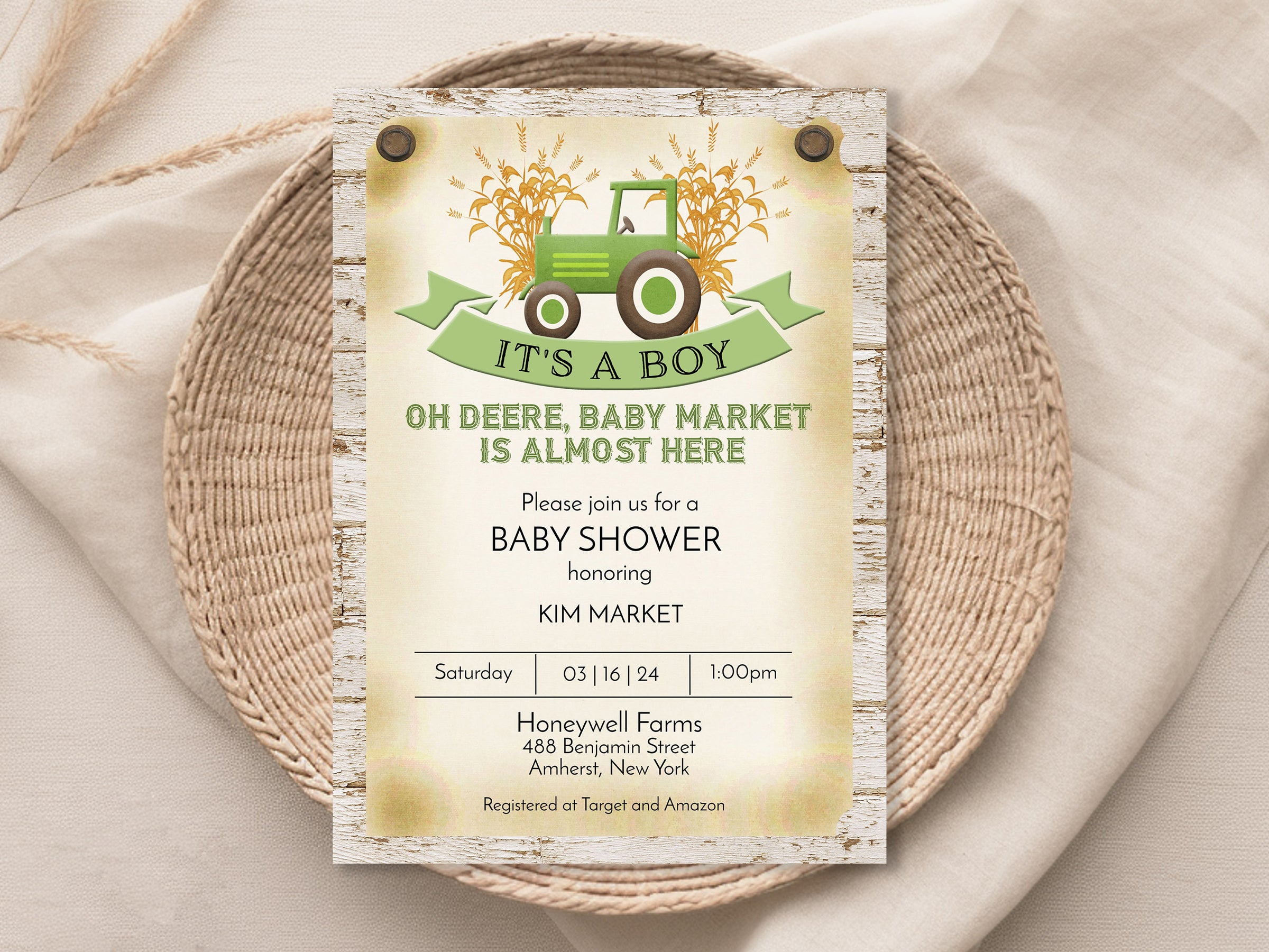 Green Tractor Farm Baby Shower Invitation Template Editable Invitation Corjl Digital Download