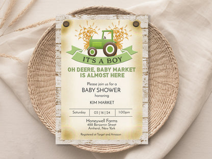 Green Tractor Farm Baby Shower Invitation Template Editable Invitation Corjl Digital Download