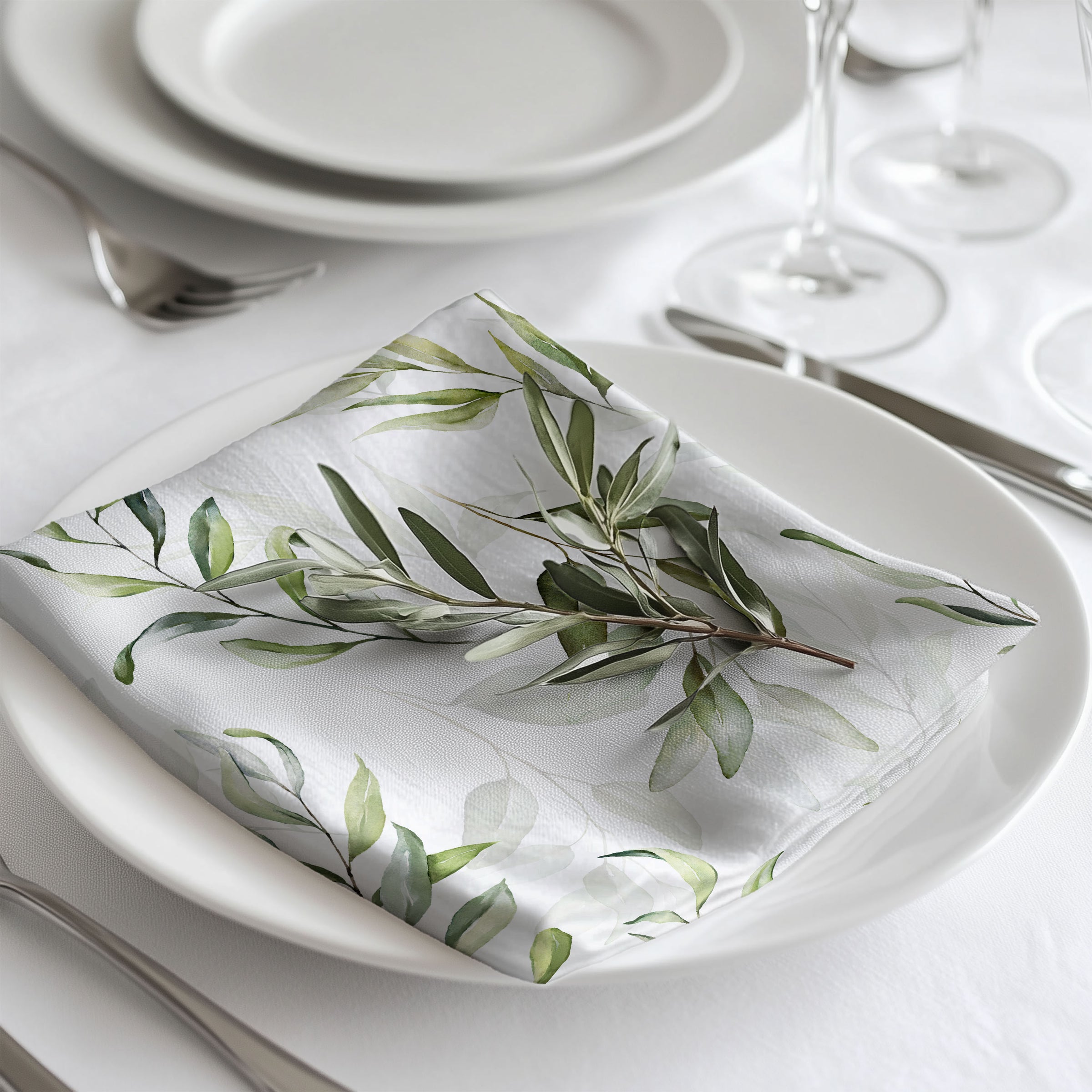 Green Watercolor Eucalyptus Napkin Cotton Twill Dinner Napkin