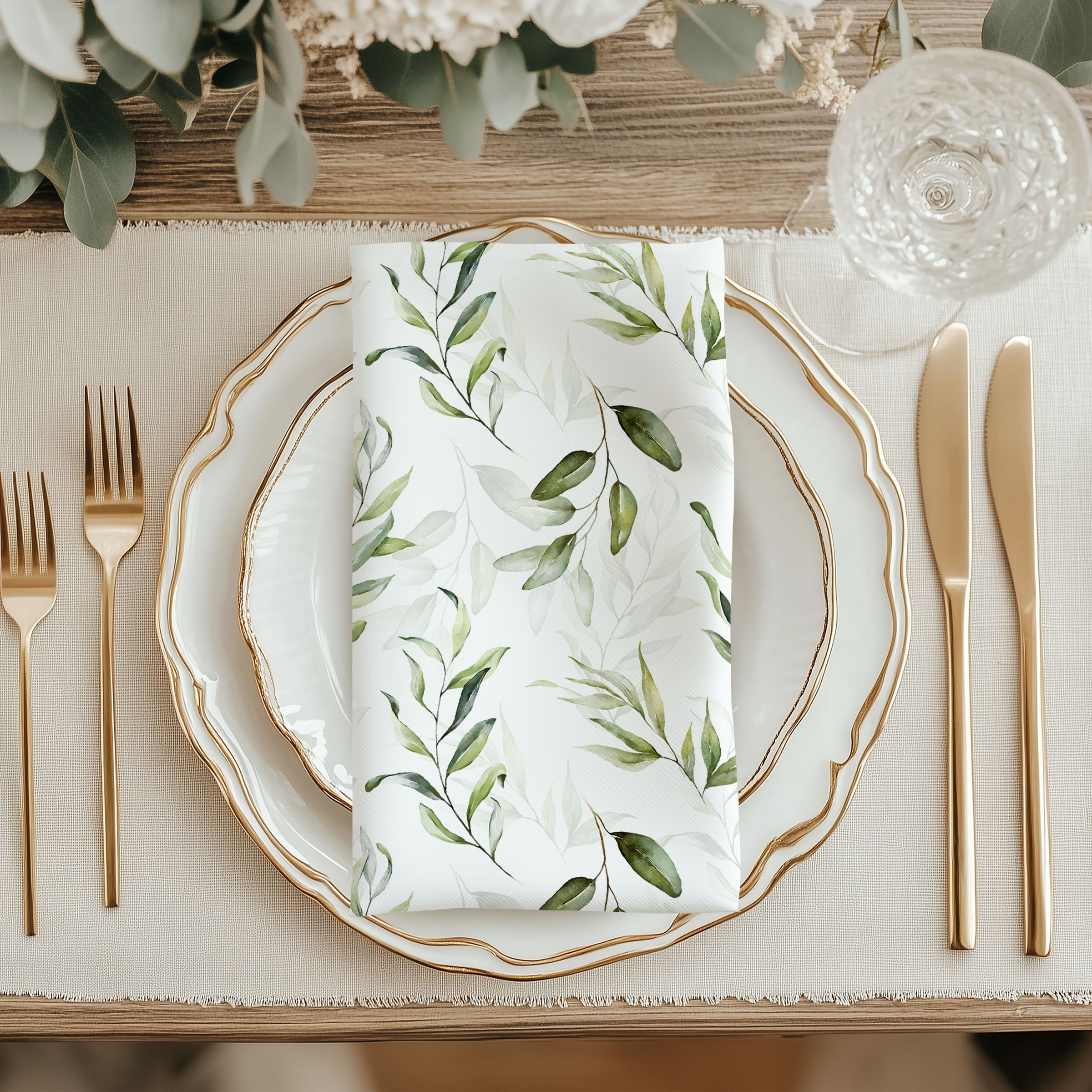 Green Watercolor Eucalyptus Napkin Cotton Twill Dinner Napkin