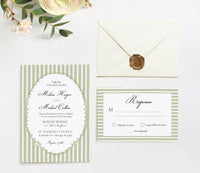 Sage Green Stripe Elegant Wedding Invitation Suite