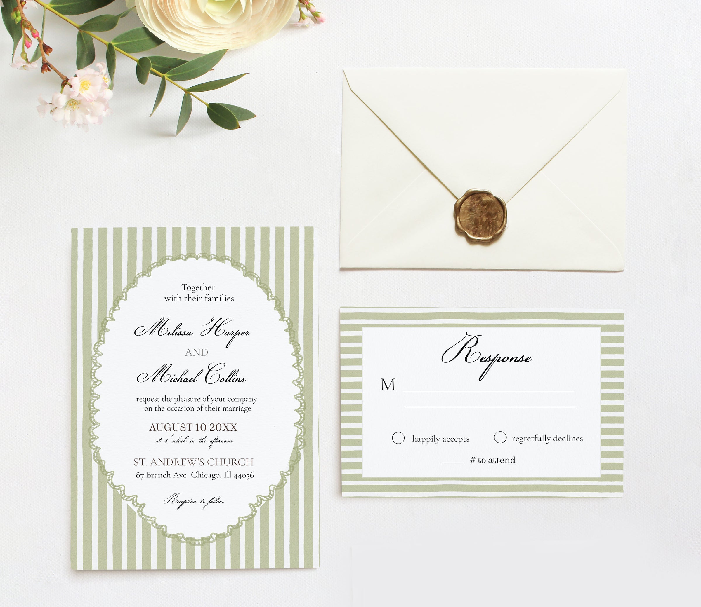 Sage Green Stripe Elegant Wedding Invitation Suite