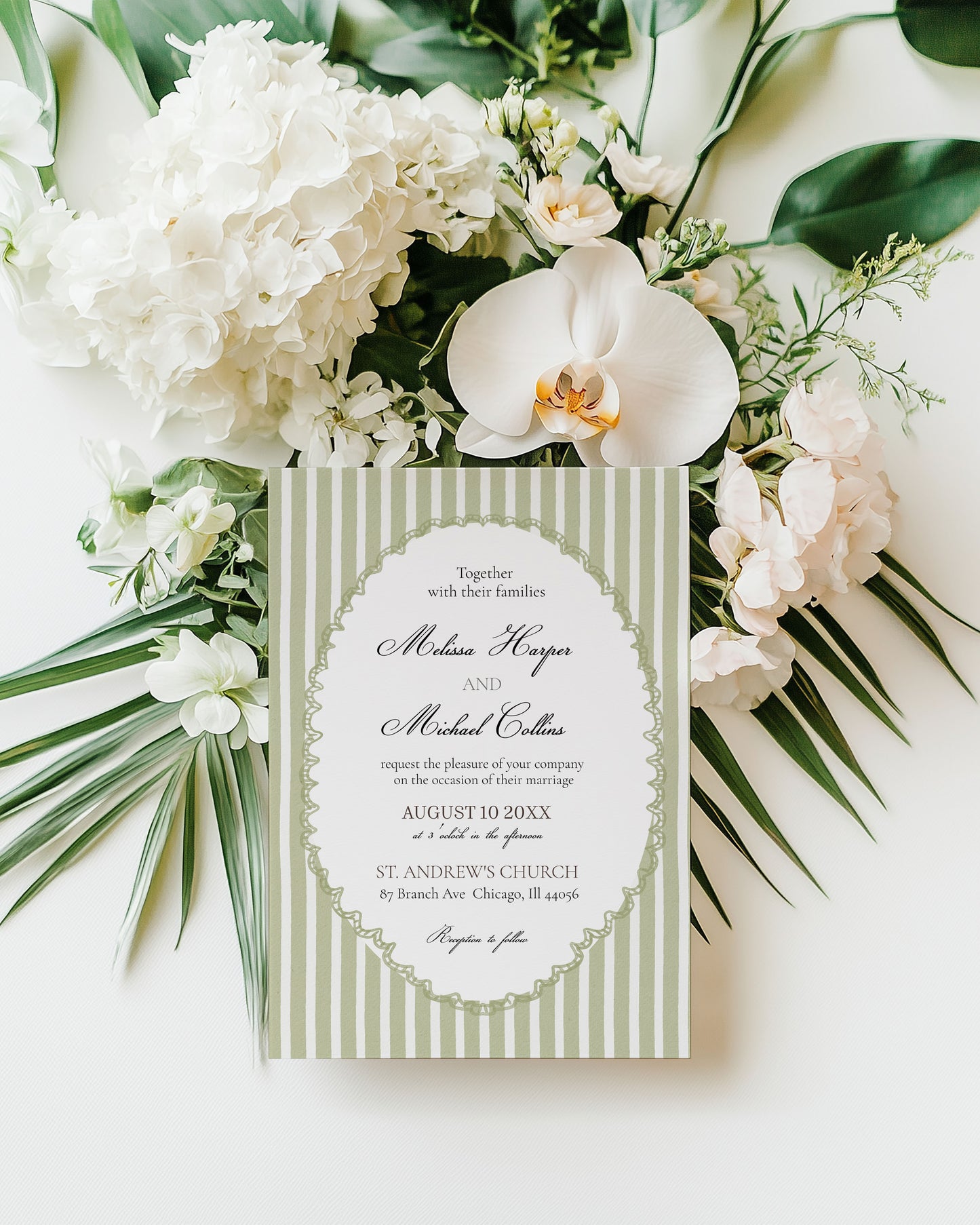 Sage Green Stripe Elegant Wedding Invitation Suite