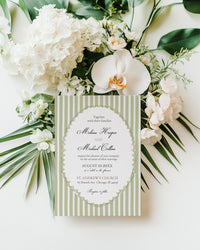 Sage Green Stripe Elegant Wedding Invitation Suite