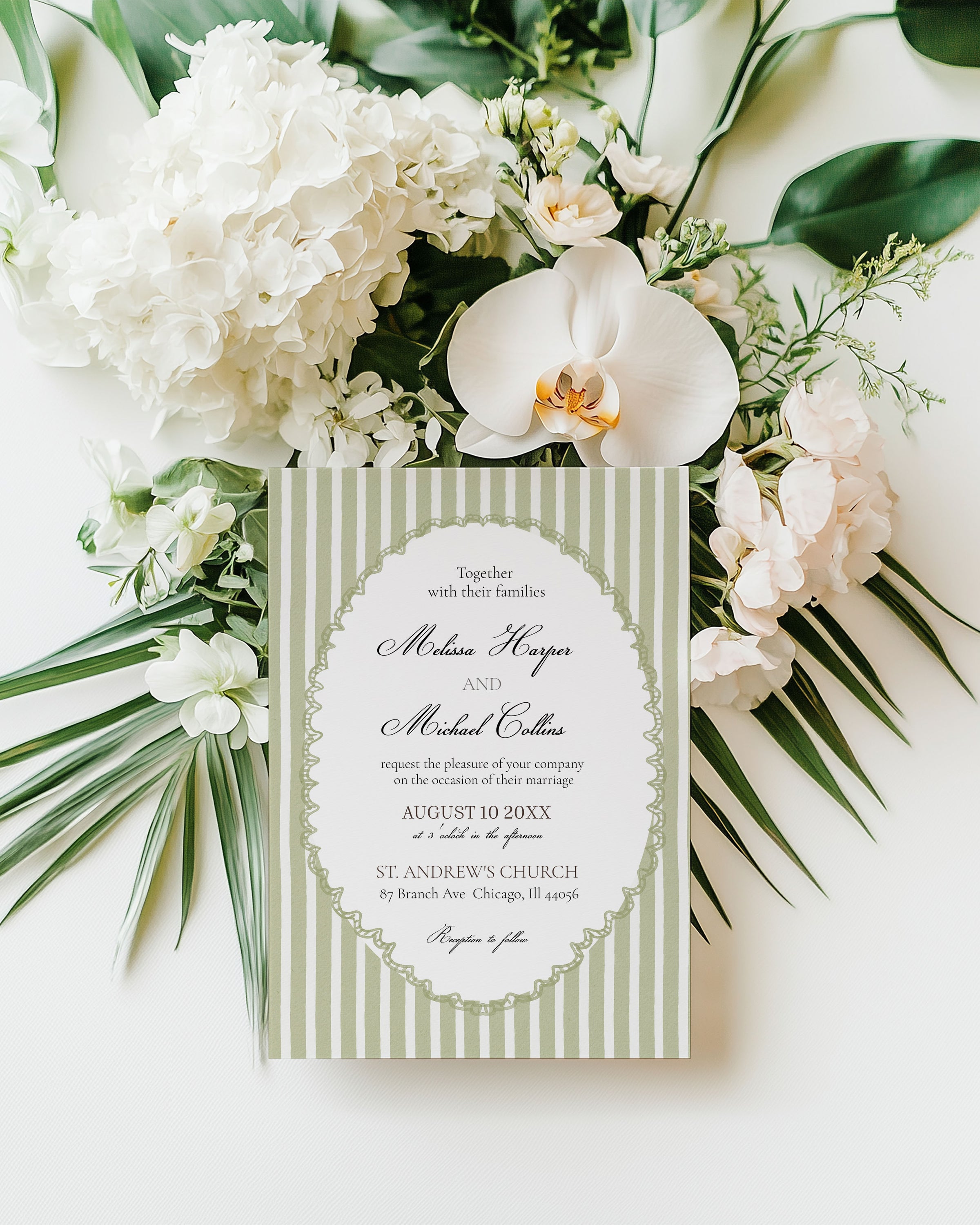 Sage Green Stripe Elegant Wedding Invitation Suite