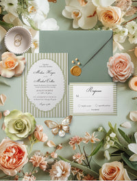 Sage Green Stripe Elegant Wedding Invitation Suite