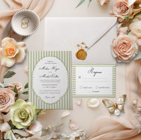 Sage Green Stripe Elegant Wedding Invitation Suite