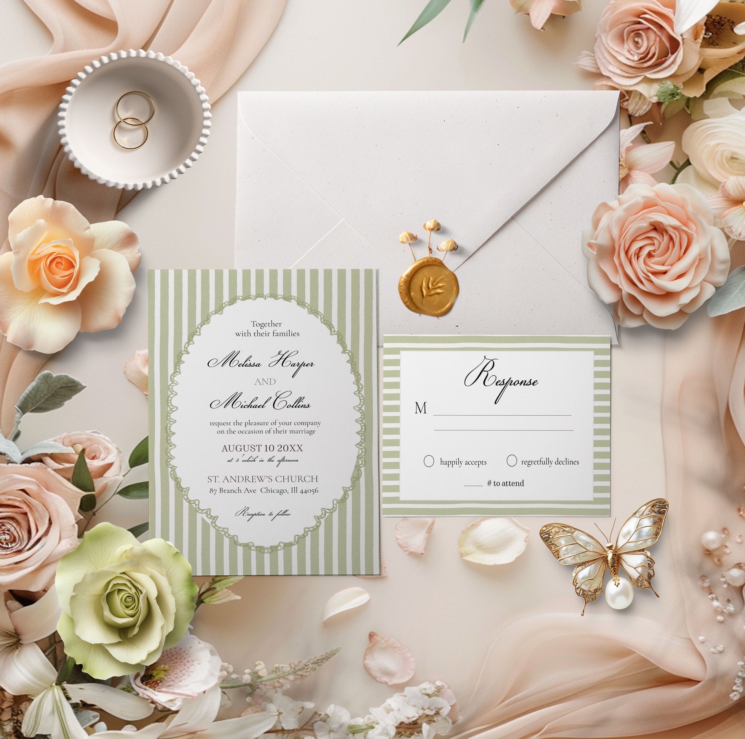 Sage Green Stripe Elegant Wedding Invitation Suite