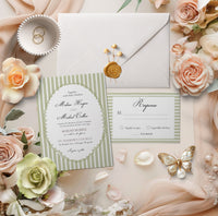 Sage Green Stripe Elegant Wedding Invitation Suite