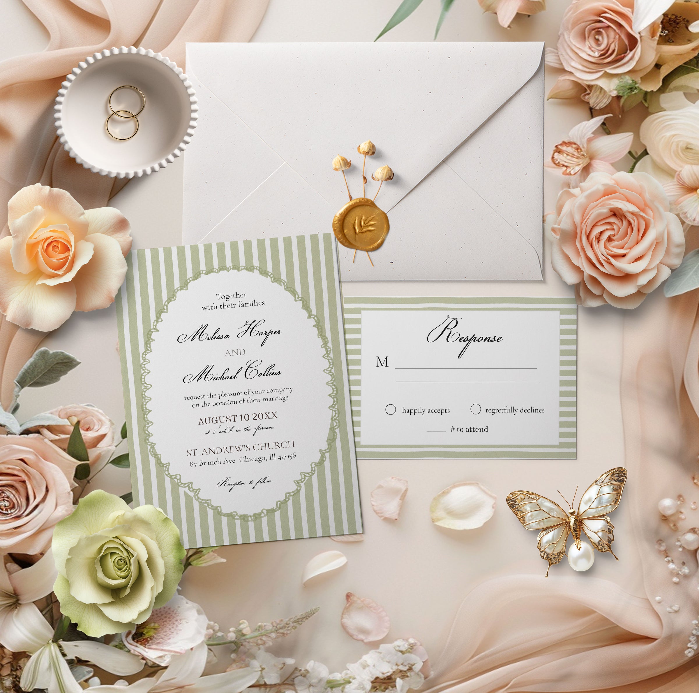 Sage Green Stripe Elegant Wedding Invitation Suite