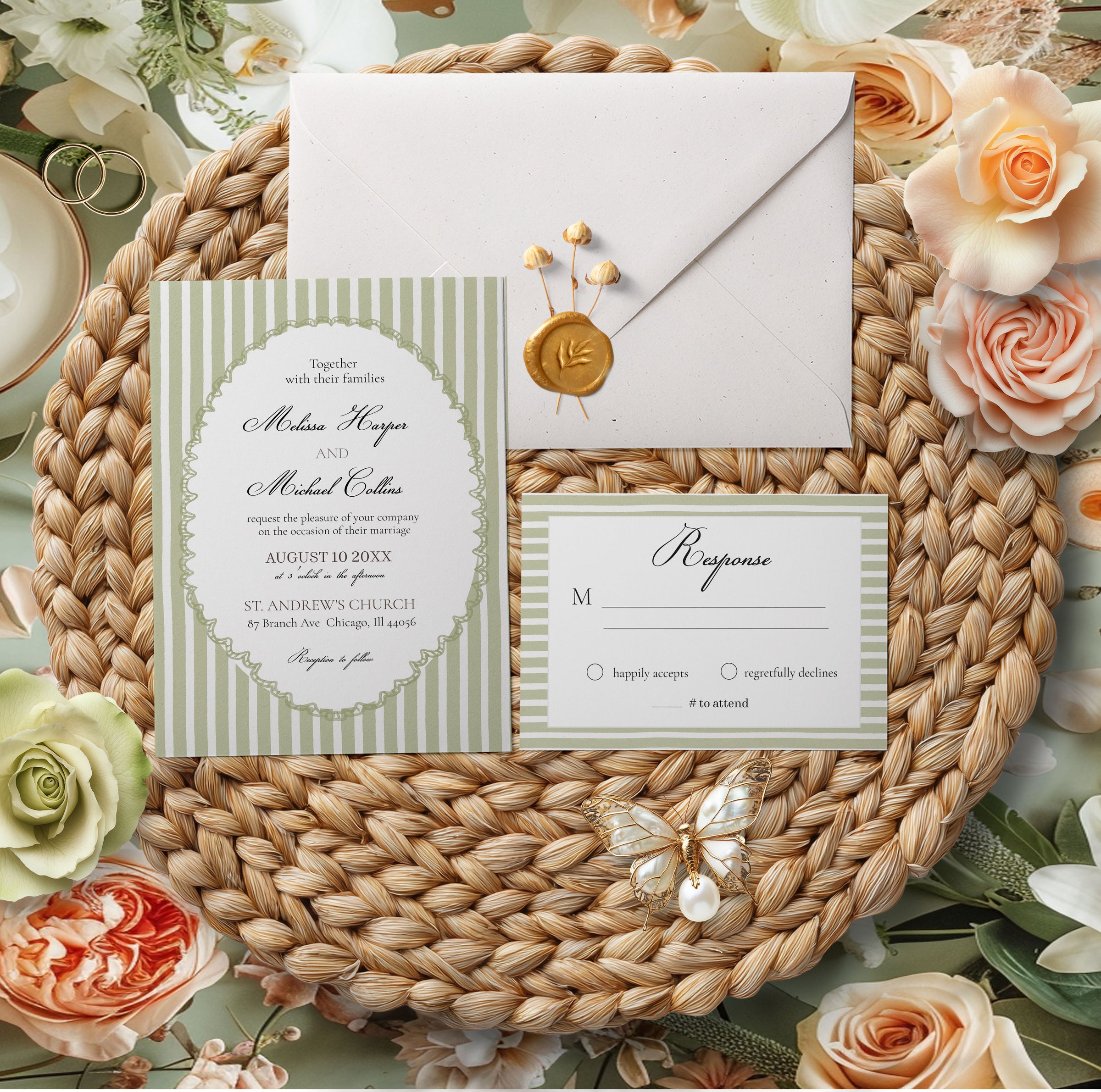 Sage Green Stripe Elegant Wedding Invitation Suite