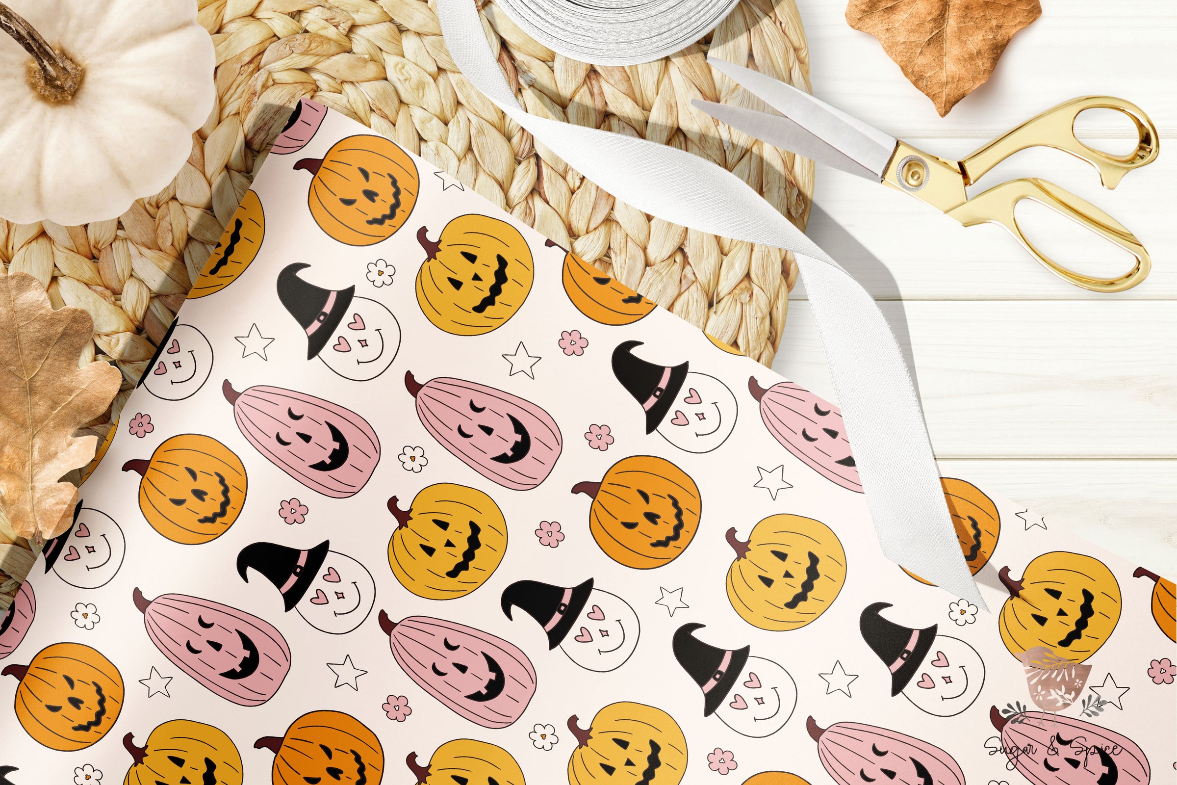 Halloween Pumpkins Witch Hat Wrapping Paper Sheets