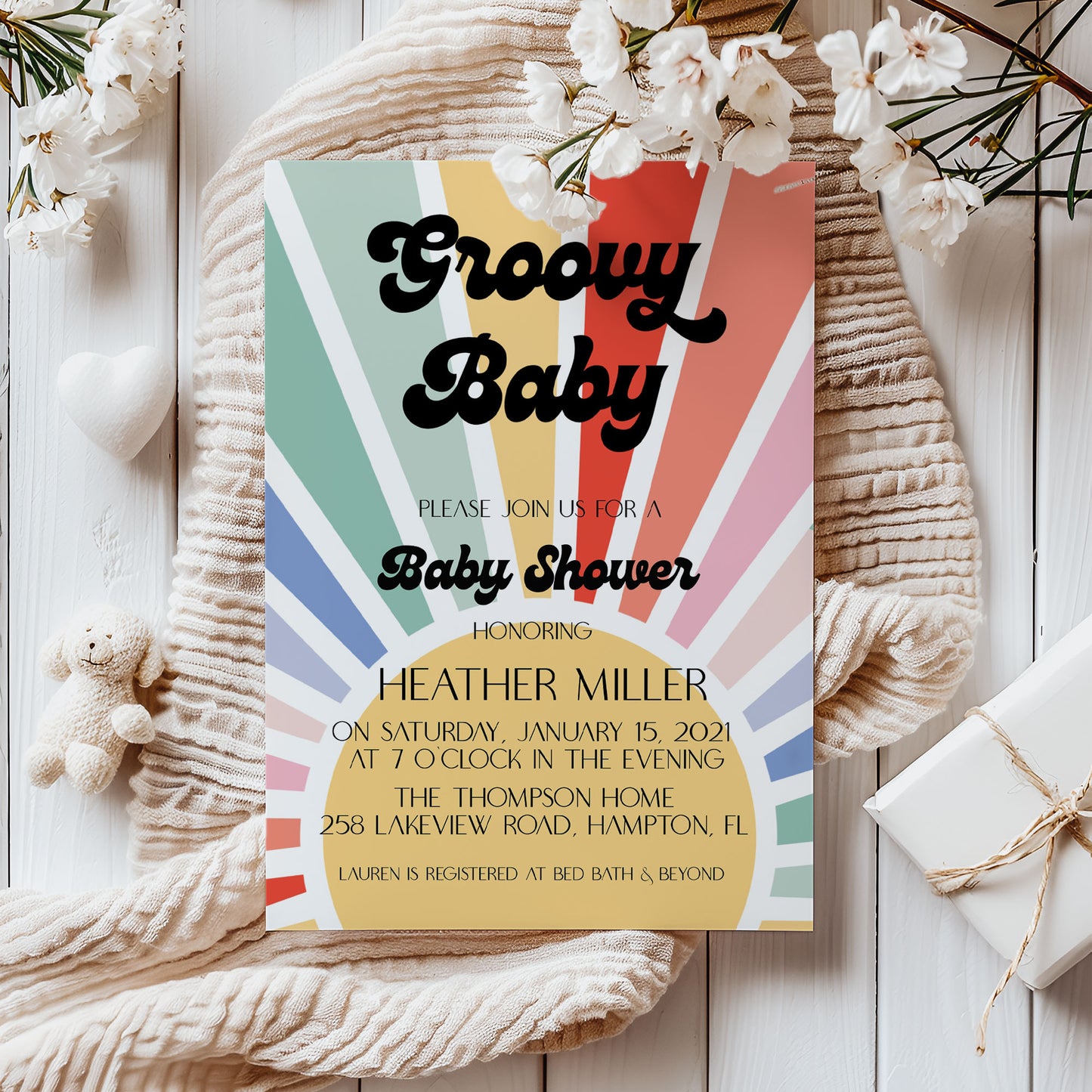Groovy Rainbow Baby Shower Invitation Template Editable Invitation Corjl Digital Download